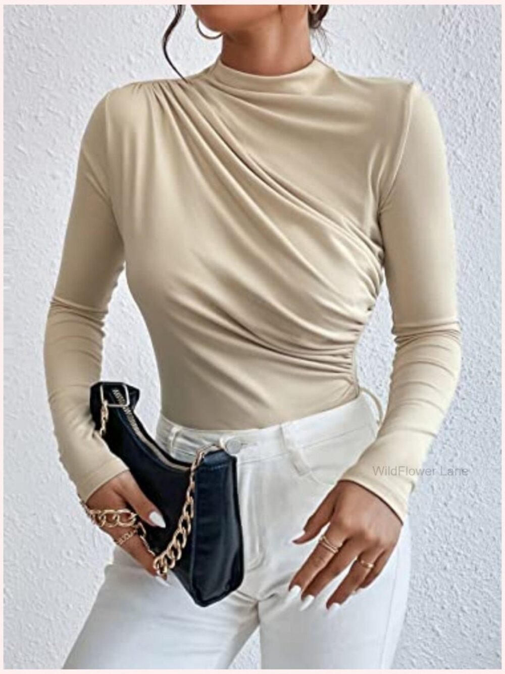 Mock Neck Ruched Long Sleeve Bodysuit Jumpsuit Slim Fit Stretchy - Picture 6 of 7